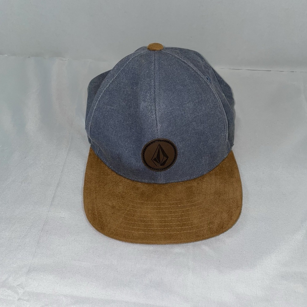 Volcom Snapback Hat Blue Brown Faux Suede Flat Brim Logo Patch‎ Mens Cap OS